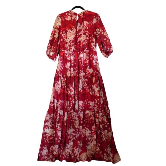 Melonie Maxi Dress Womens 10 Tall Red Floral Lined Tiered Peasant Boho - Picture 7 of 14